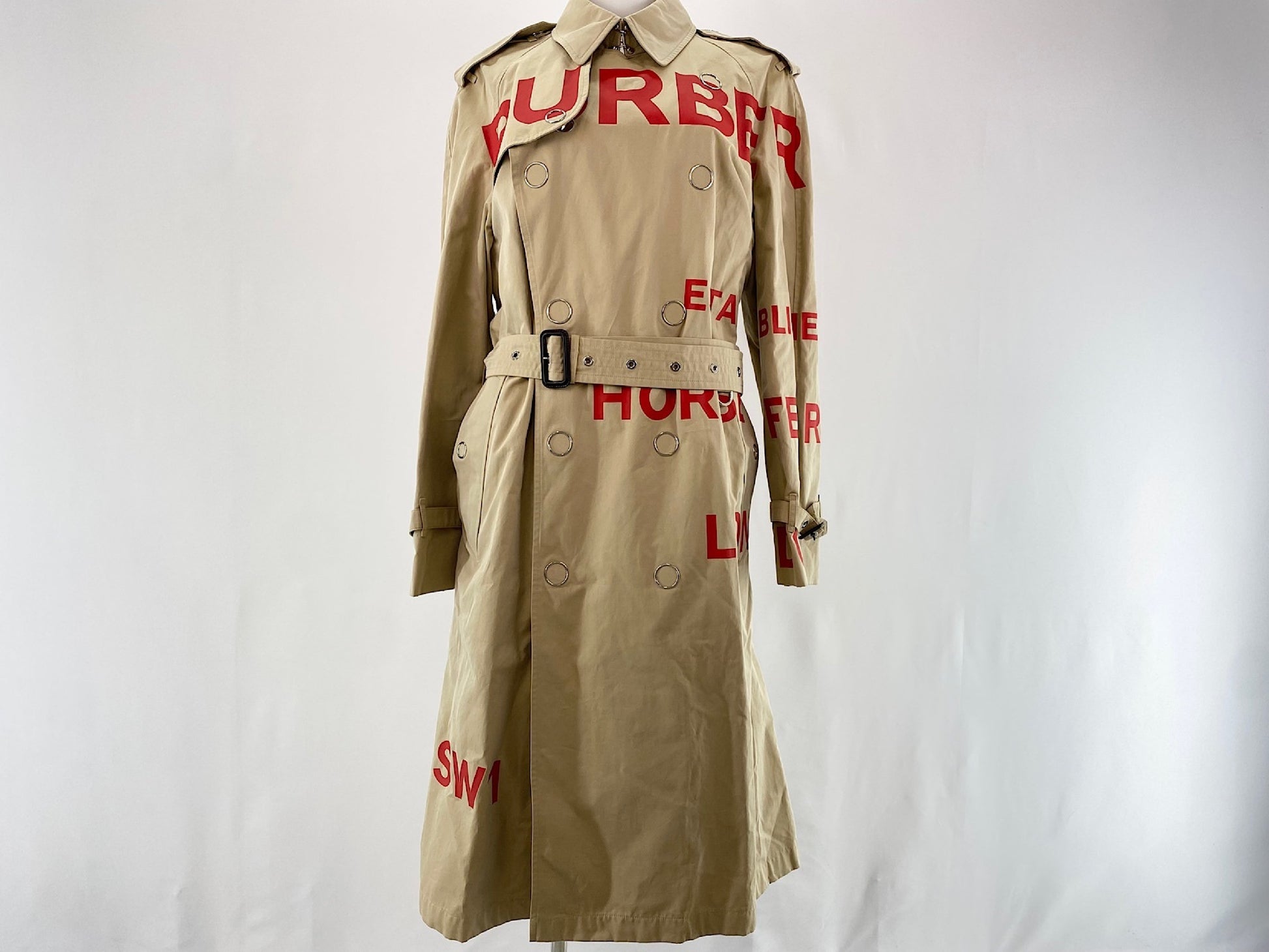 BURBERRY Horseferry Print Trench Coat, Size 46, Cotton Beige, Red