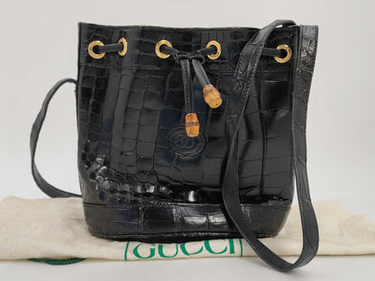 GUCCI Crocodile Bamboo Mini Drawstring Shoulder Bag Black Shoulder Bag