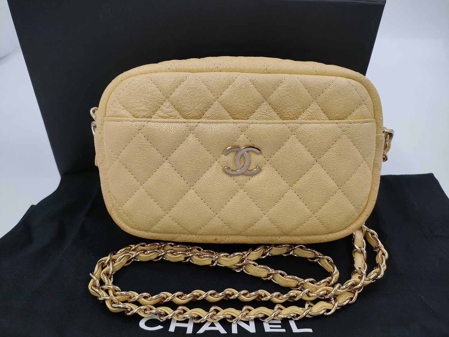 CHANEL Caviar Skin Chain Shoulder Bag Yellow