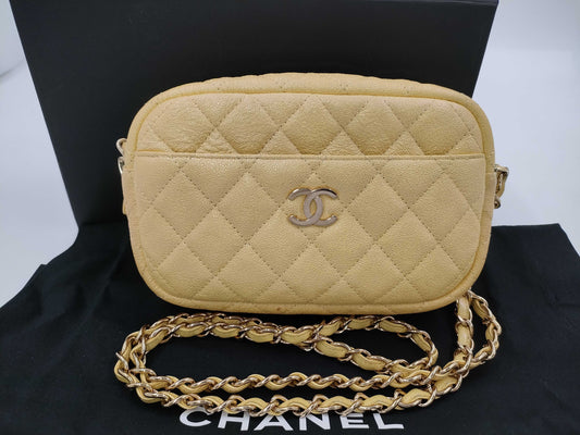 CHANEL Caviar Skin Chain Shoulder Bag Yellow