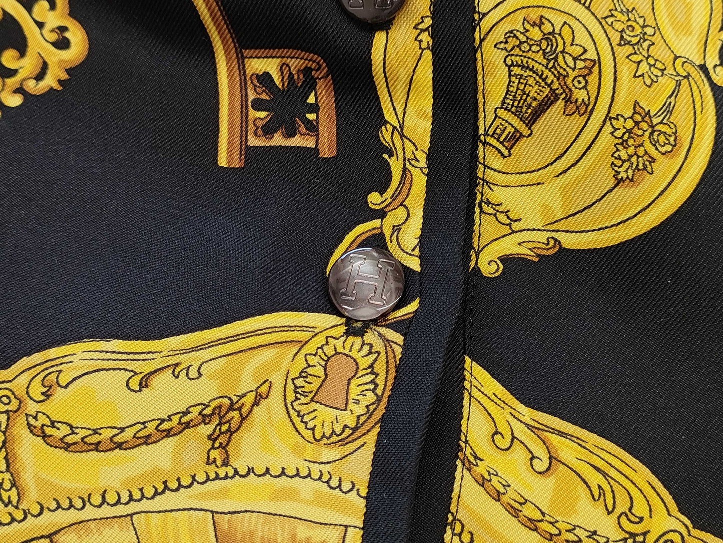 HERMES Silk Polo Shirt, Black x Yellow, Size M, Tops