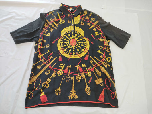 HERMES Silk Polo Shirt, Black x Yellow, Size M, Tops