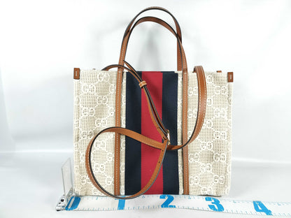 GUCCI 727721 Tote Bag, 2-Way, Interlocking G, Sherry Line, Woven Canvas and Leather Tote Bag