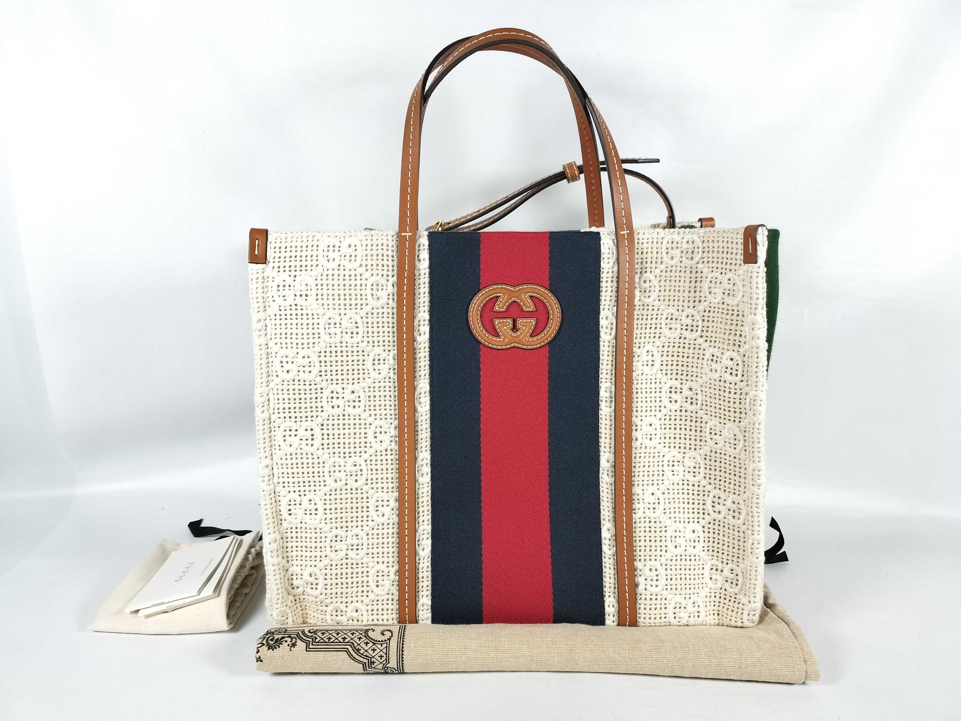 GUCCI 727721 Tote Bag, 2-Way, Interlocking G, Sherry Line, Woven Canvas and Leather Tote Bag