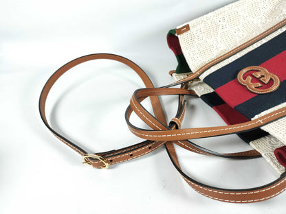 GUCCI 727721 Tote Bag, 2-Way, Interlocking G, Sherry Line, Woven Canvas and Leather Tote Bag