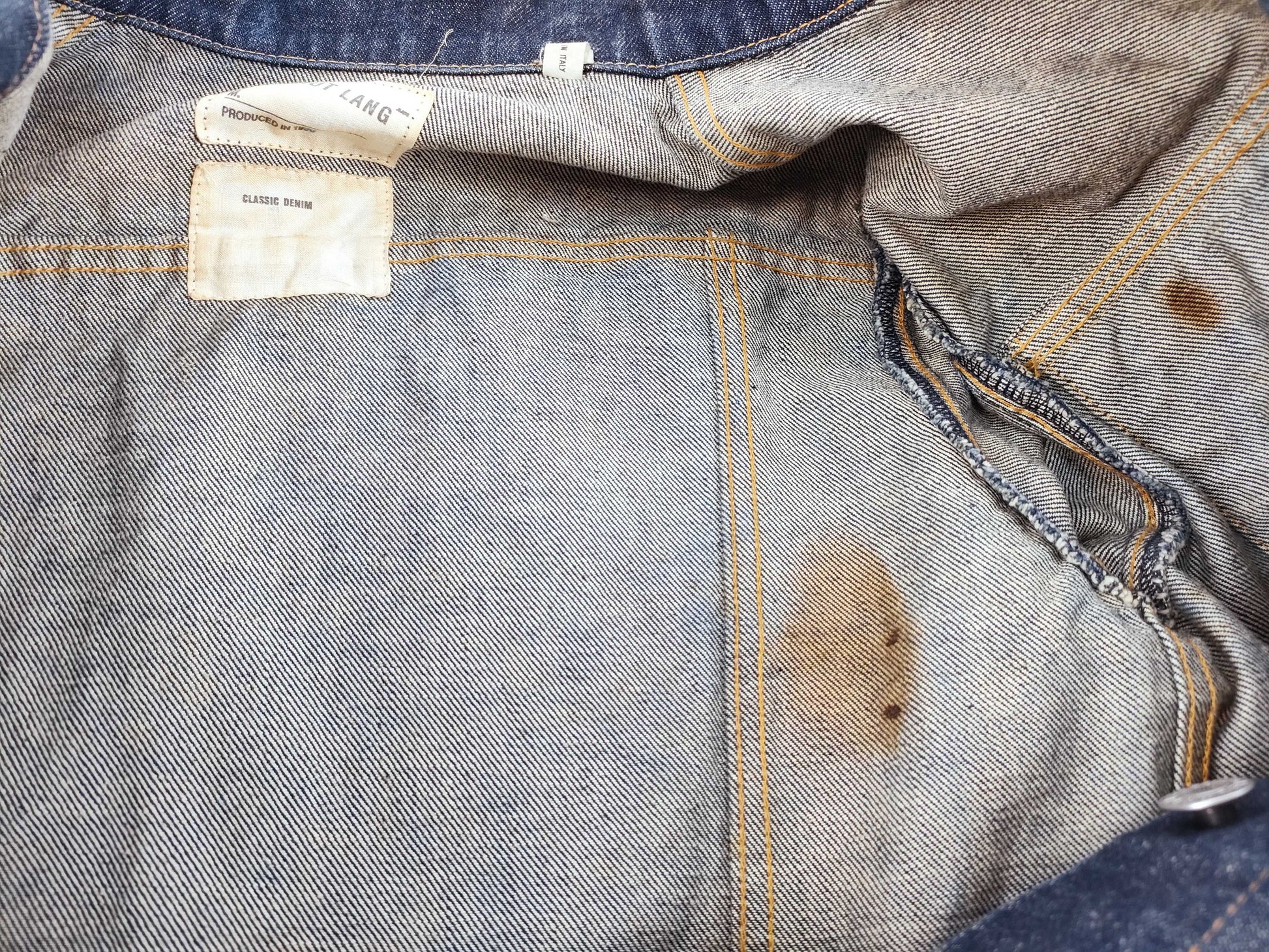 Helmut Lang cuffed sleeve denim jacket in indigo, size 42