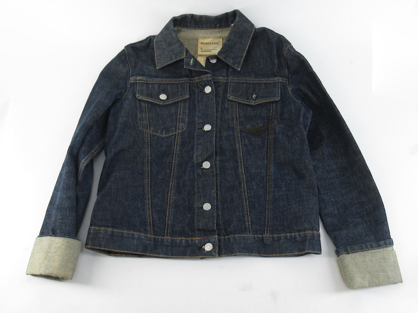 Helmut Lang cuffed sleeve denim jacket in indigo, size 42