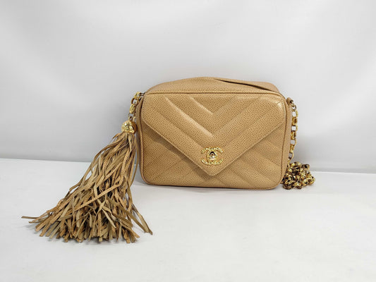 CHANEL Fringe Jeweled Chain Shoulder Bag in Caviar Beige GP