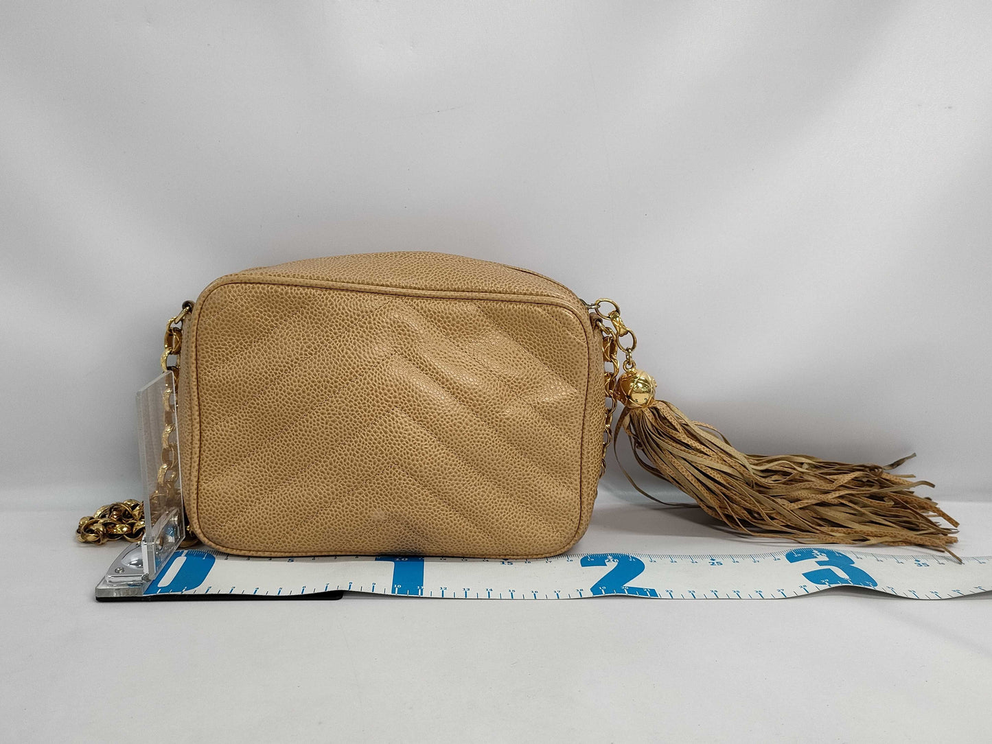 CHANEL Fringe Jeweled Chain Shoulder Bag in Caviar Beige GP