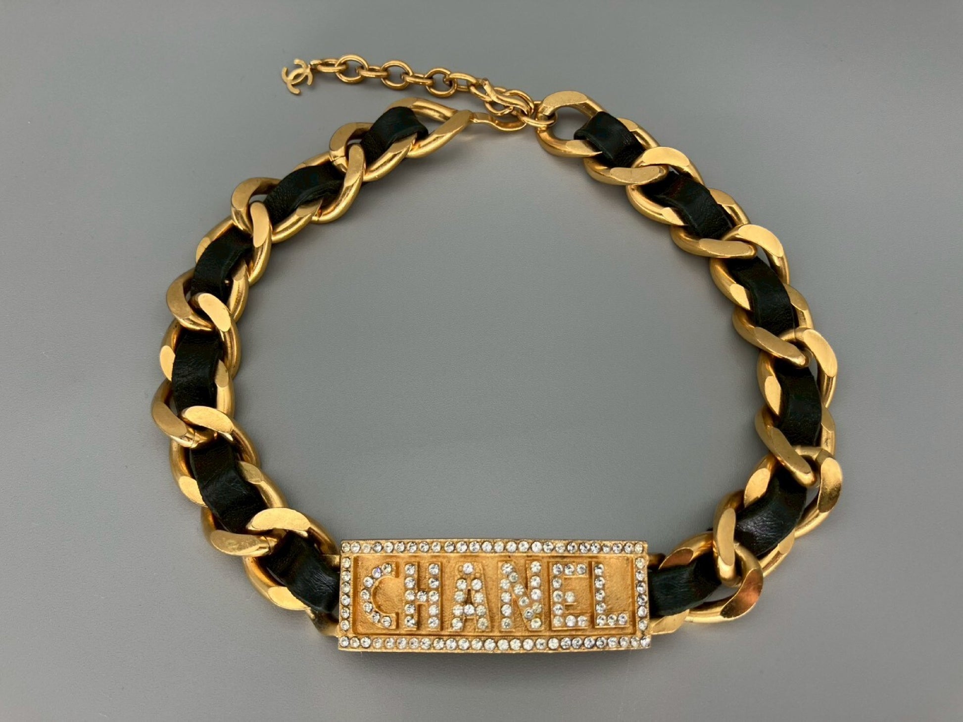 CHANEL Vintage Logo Rhinestone Necklace Choker Necklace