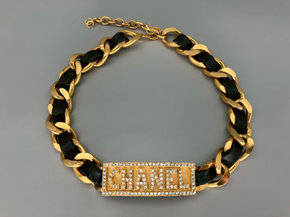 CHANEL Vintage Logo Rhinestone Necklace Choker Necklace