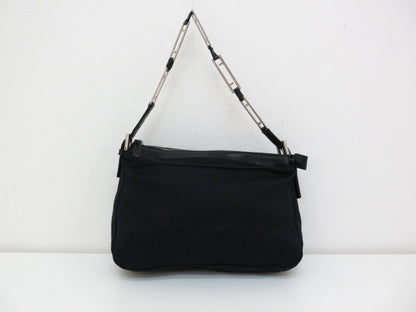 FENDI FF Chain Nylon and Leather Shoulder Hand Bag Black
