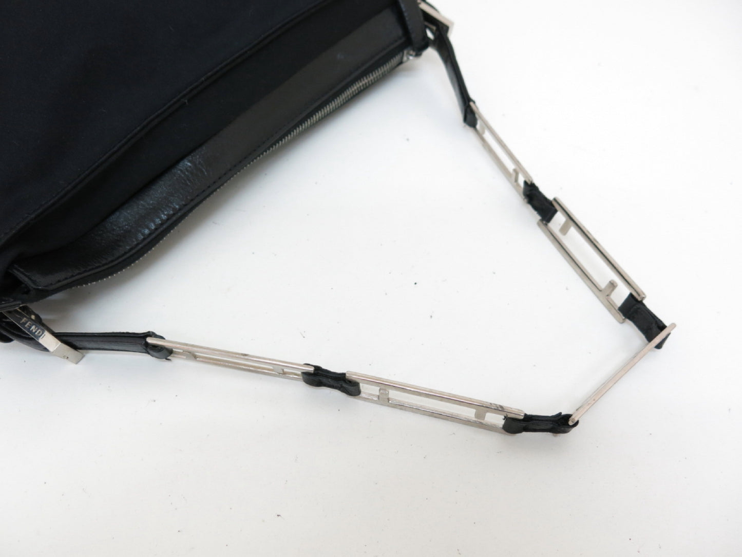 FENDI FF Chain Nylon and Leather Shoulder Hand Bag Black