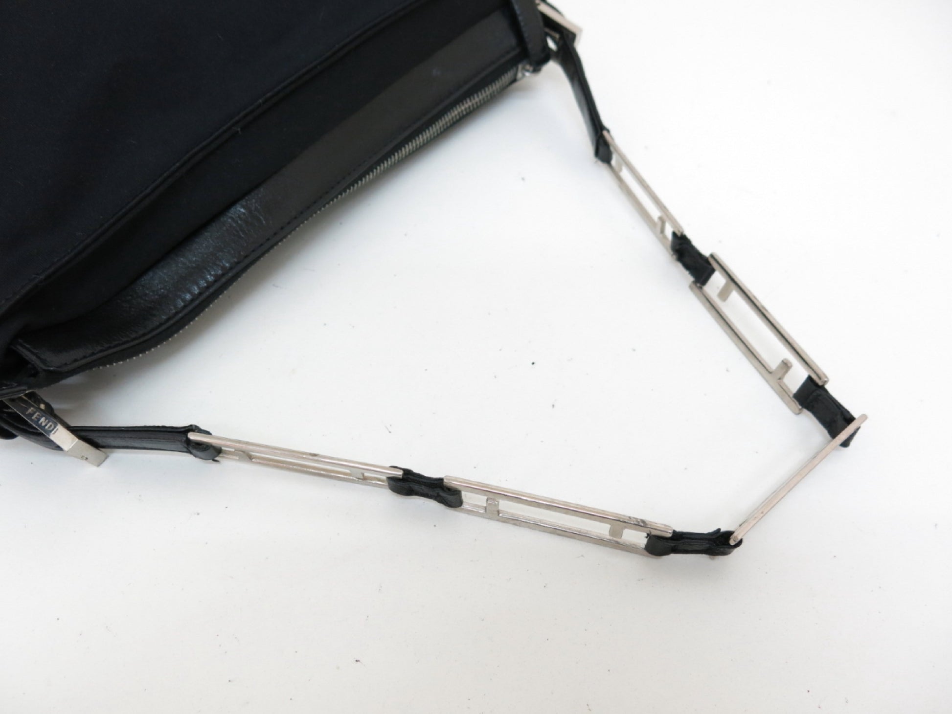 FENDI FF Chain Nylon and Leather Shoulder Hand Bag Black