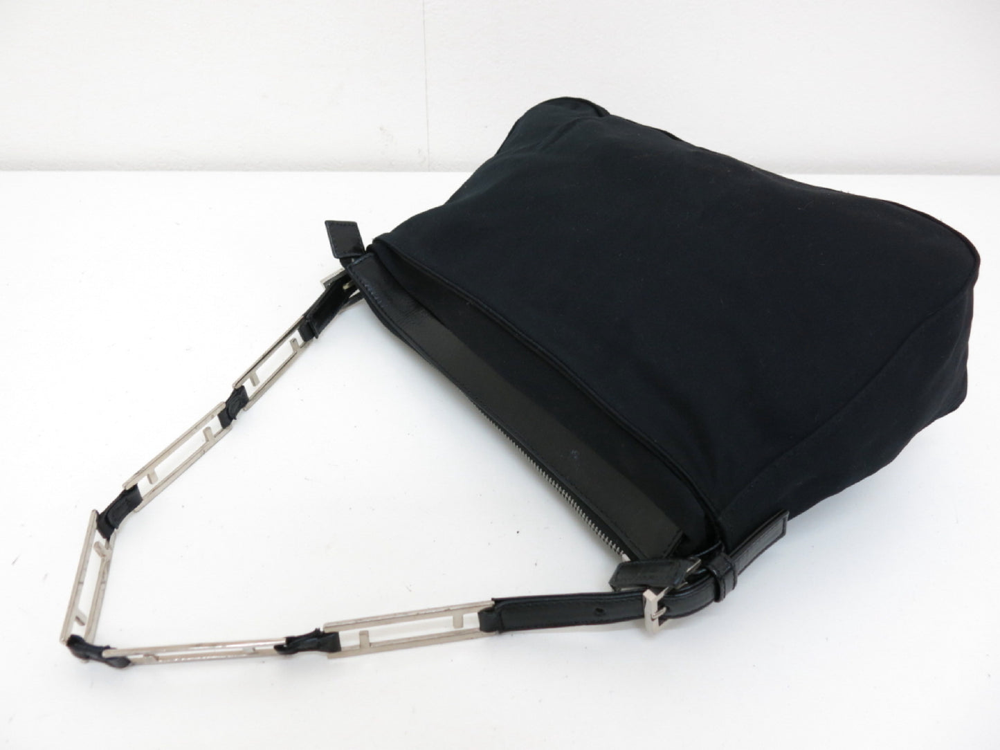 FENDI FF Chain Nylon and Leather Shoulder Hand Bag Black