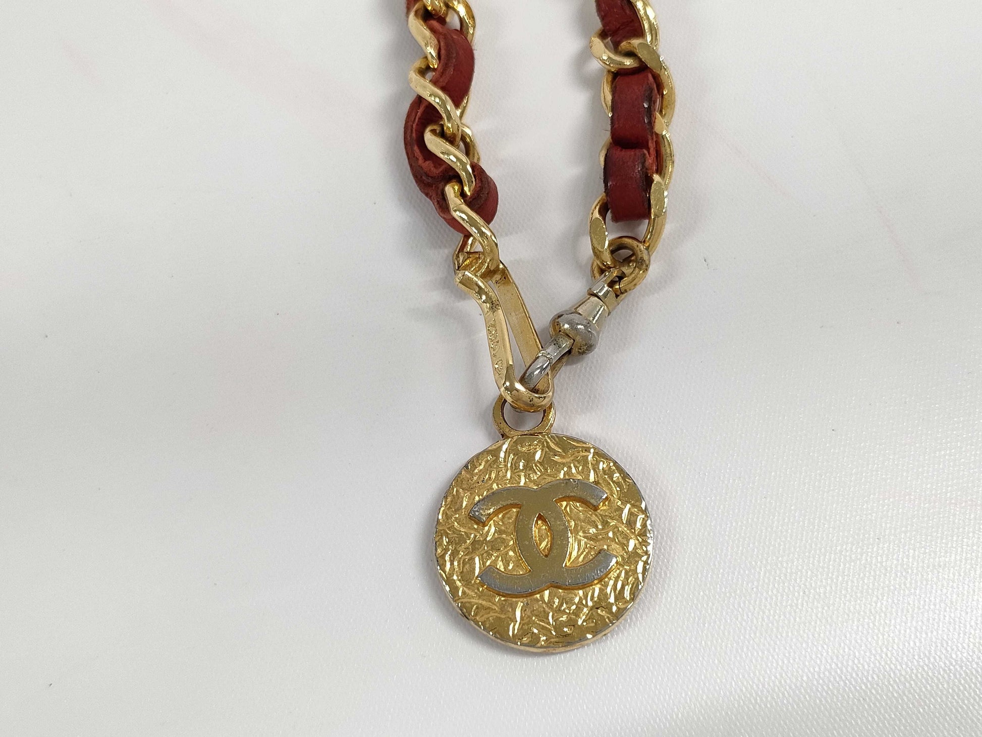 CHANEL Coco Mark Chain Leather Red Belt