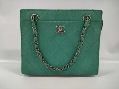 CHANEL Chain Handbag Caviar Skin Green Tote Bag