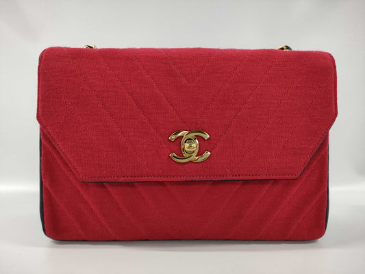 CHANEL Matelasse V-Stitch Chain Shoulder Bag, Cotton, Red
