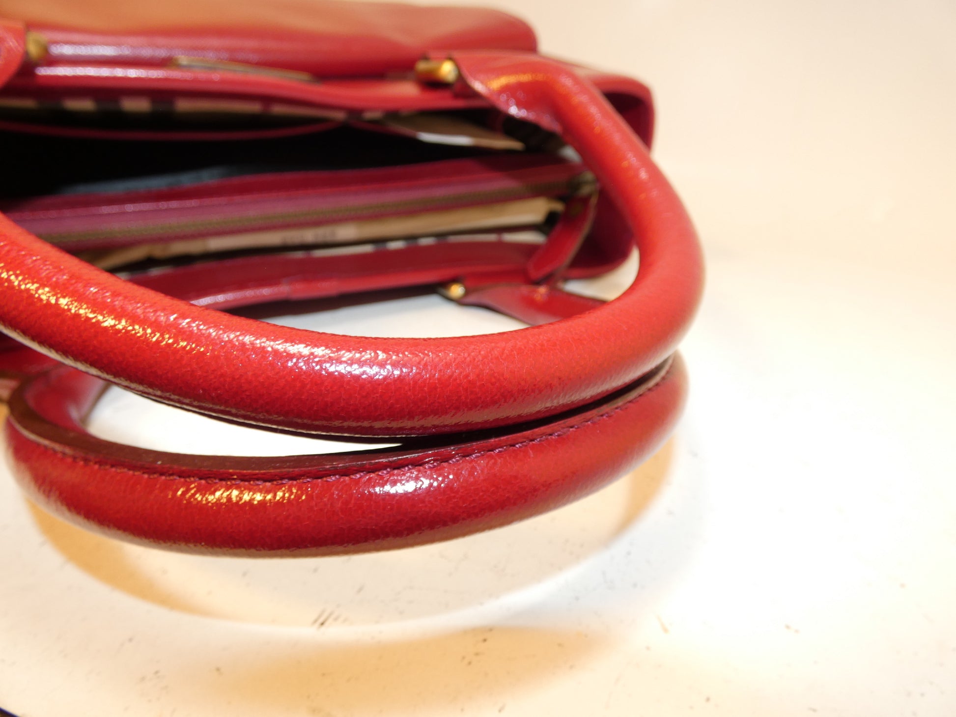 BURBERRY Leather Red Nova Check Hand Tote Bag