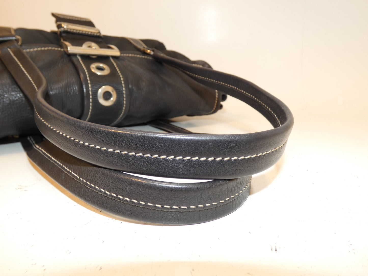 PRADA Front Belt Nylon Leather Black Hand Tote Bag