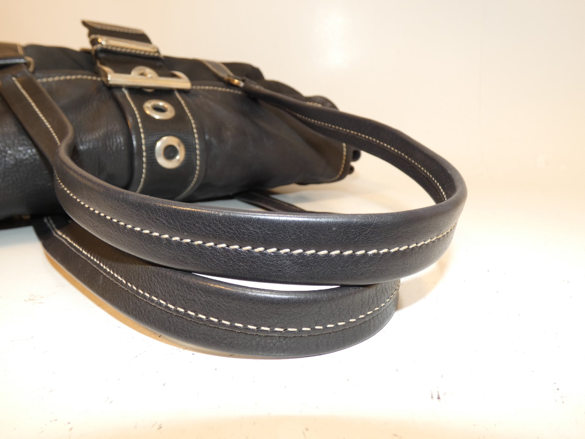 PRADA Front Belt Nylon Leather Black Hand Tote Bag