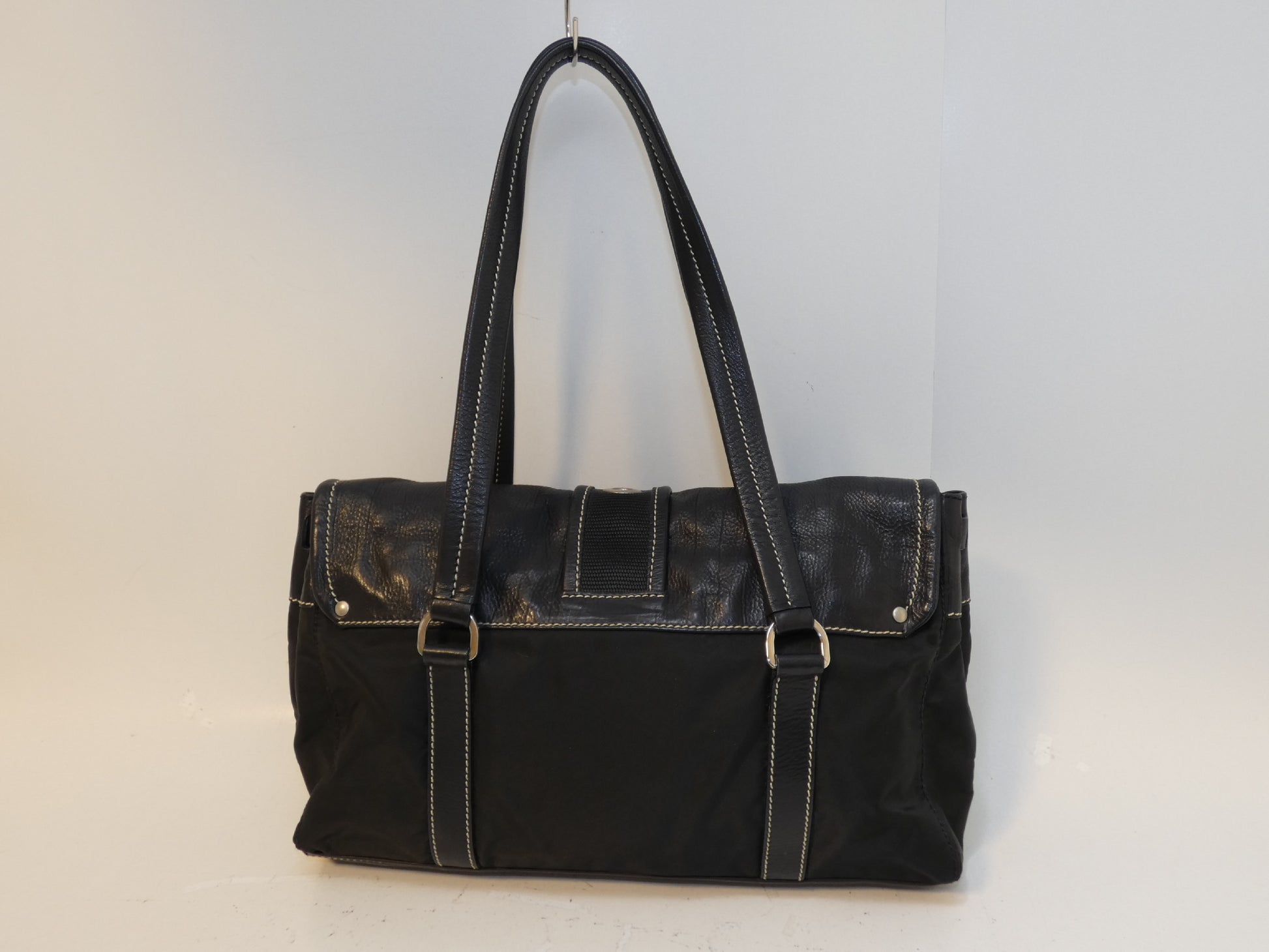 PRADA Front Belt Nylon Leather Black Hand Tote Bag