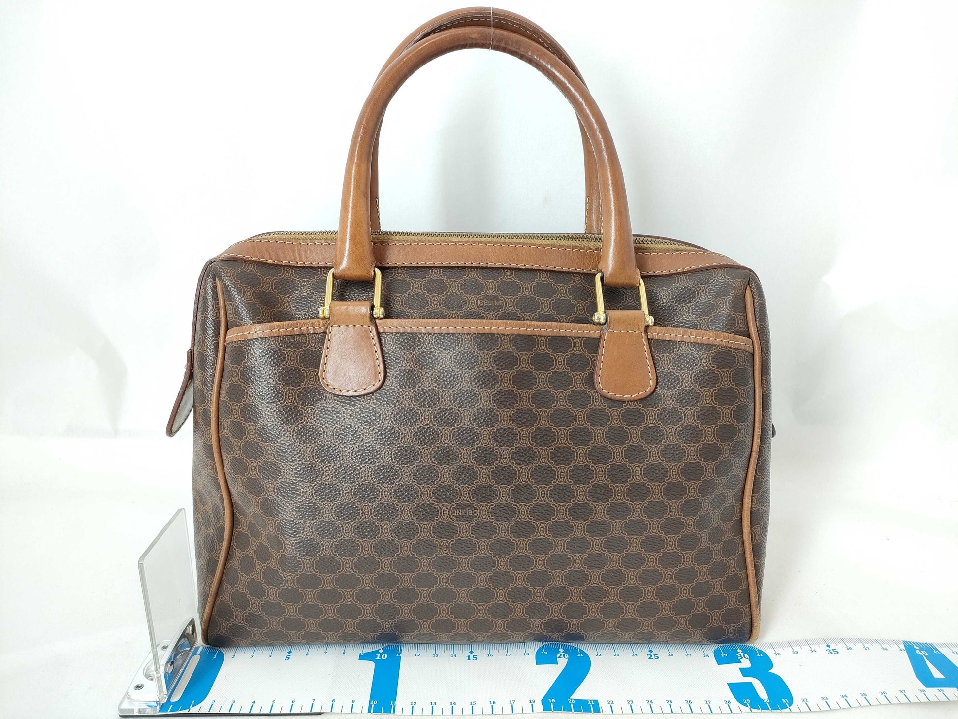 CELINE Mini Boston Bag, Macadam Pattern, M94, PVC/Leather, Dark Brown, Boston Bag