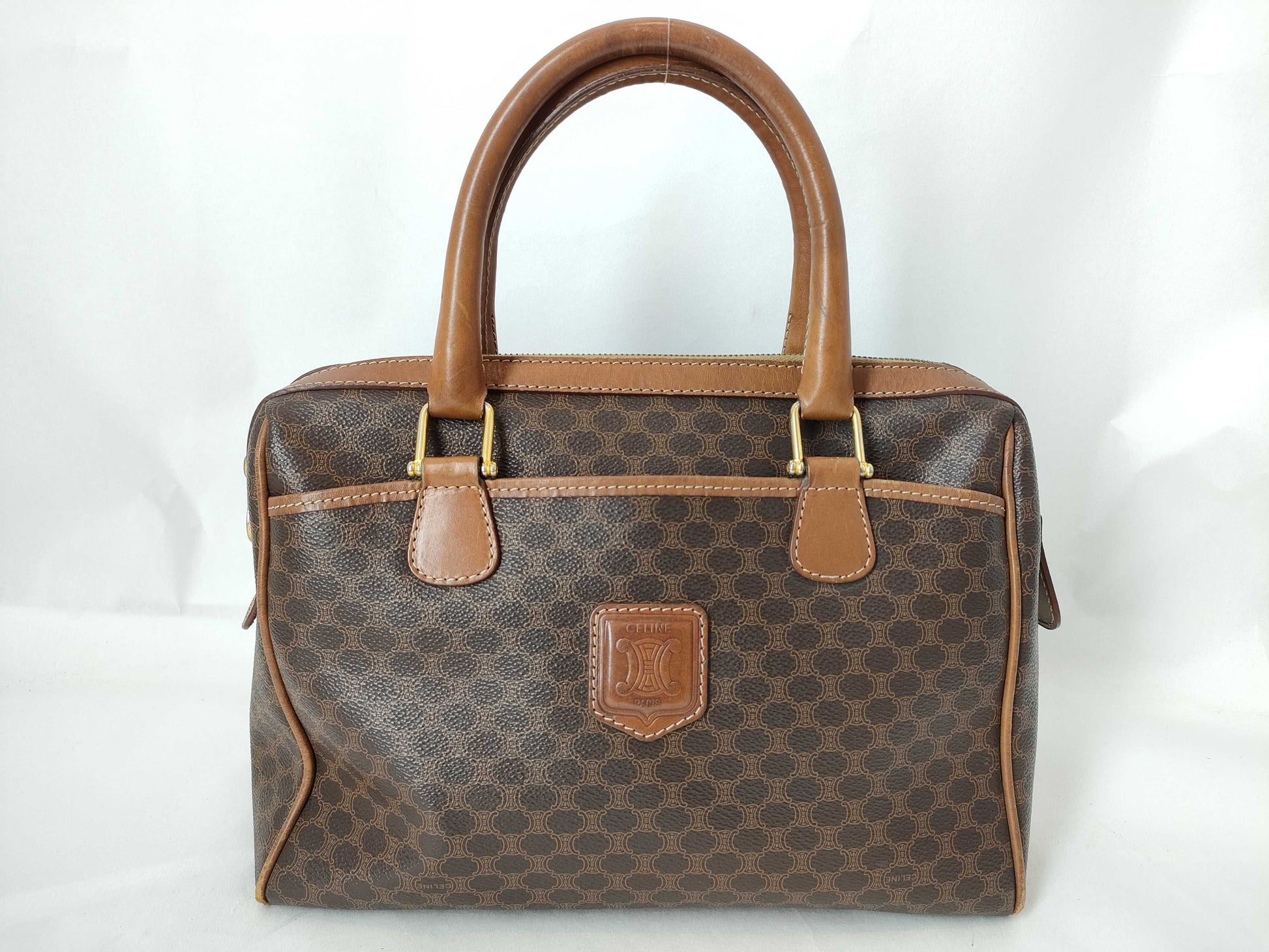 CELINE Mini Boston Bag, Macadam Pattern, M94, PVC/Leather, Dark Brown, Boston Bag