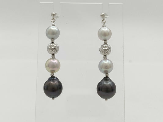 Pearl diameter: Approx. 7.2mm/7.2mm/7.4mm/7.4mm/9.4mm/9.6mm, 18K White Gold, 5.6g, Earrings 