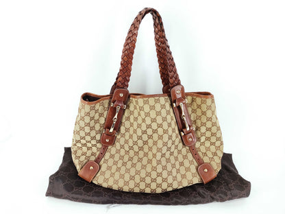 GUCCI GG Canvas Horsebit Tote Bag, Handbag, Leather, Brown