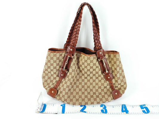 GUCCI GG Canvas Horsebit Tote Bag, Handbag, Leather, Brown