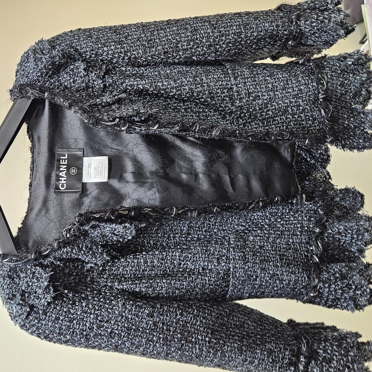 CHANEL CHANEL Fringed Tweed Jacket Dark Gray Size 38 Jacket
