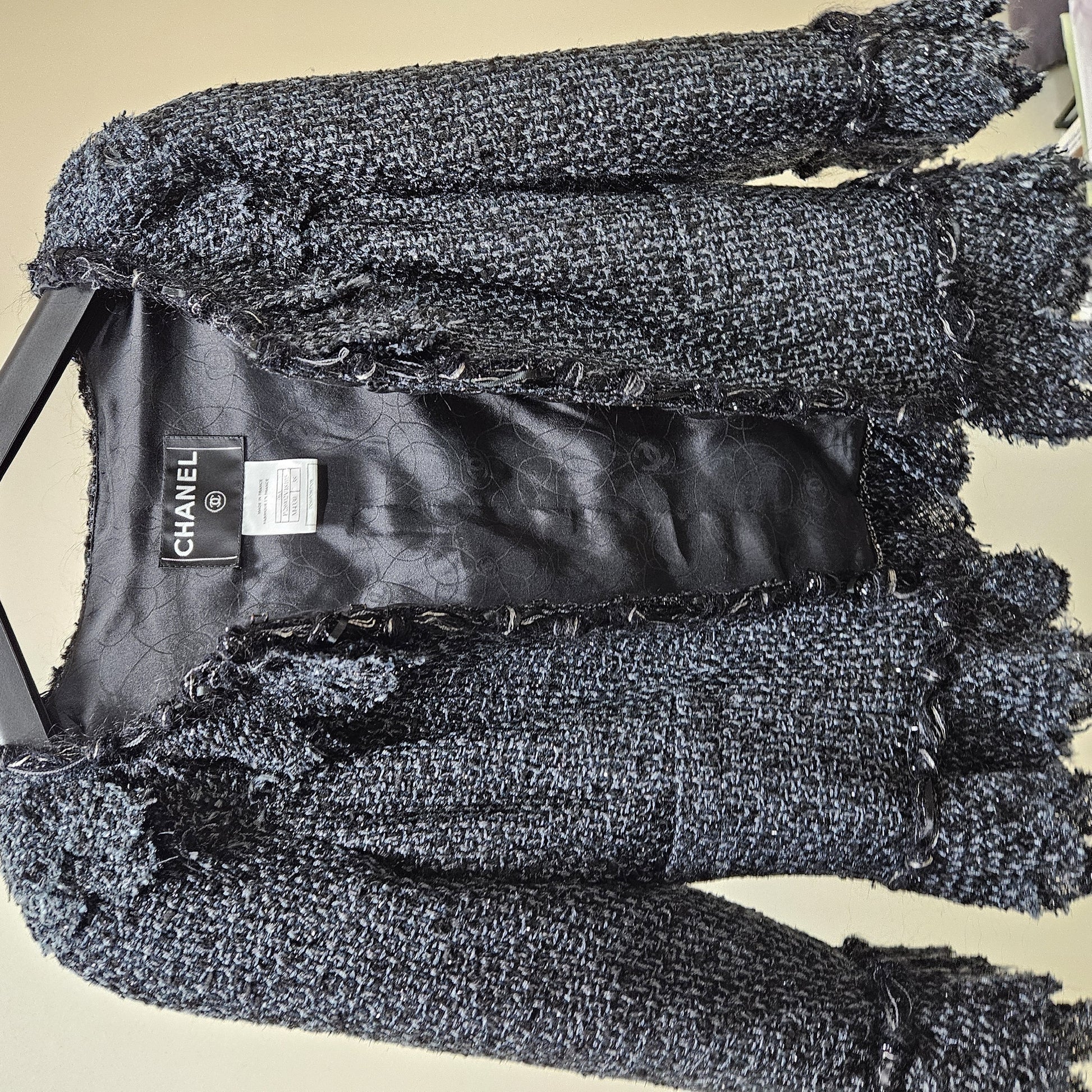 CHANEL CHANEL Fringed Tweed Jacket Dark Gray Size 38 Jacket