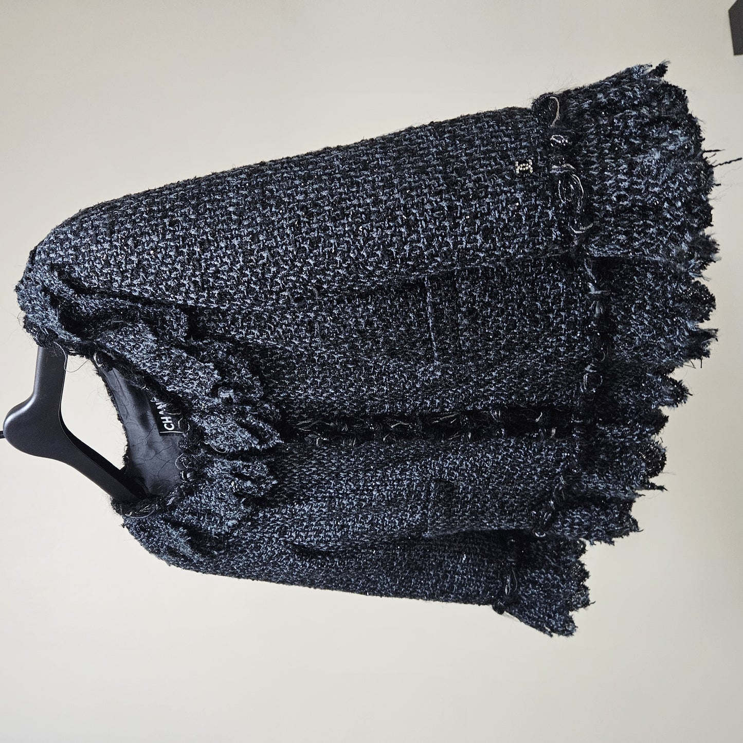 CHANEL CHANEL Fringed Tweed Jacket Dark Gray Size 38 Jacket