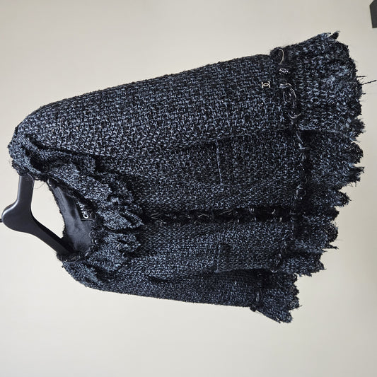CHANEL CHANEL Fringed Tweed Jacket Dark Gray Size 38 Jacket