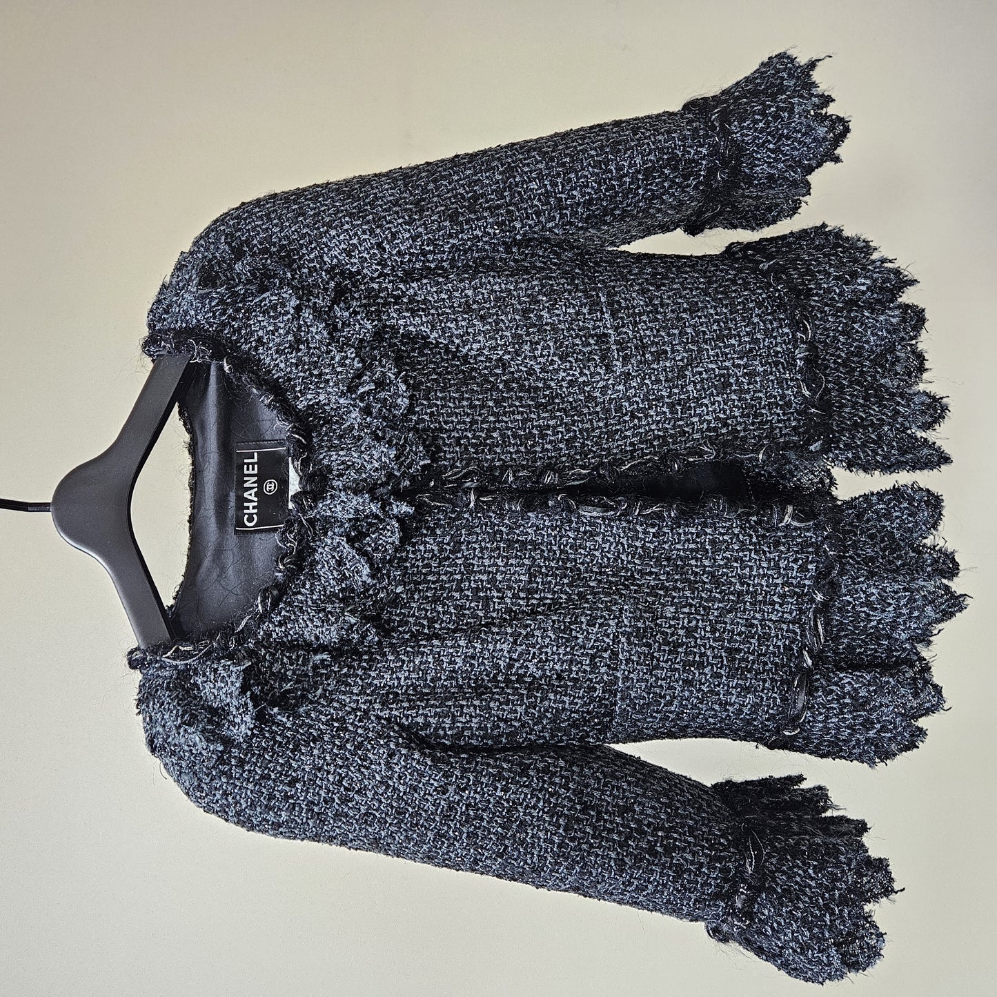 CHANEL CHANEL Fringed Tweed Jacket Dark Gray Size 38 Jacket