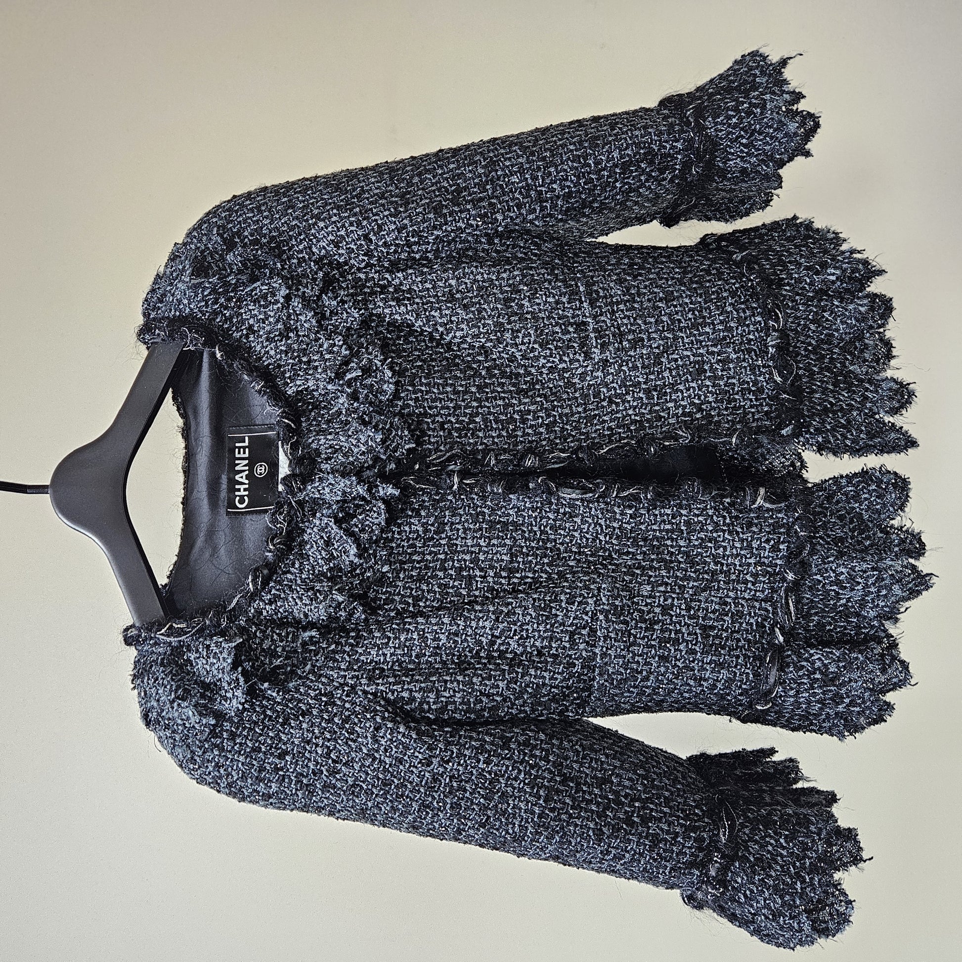 CHANEL CHANEL Fringed Tweed Jacket Dark Gray Size 38 Jacket