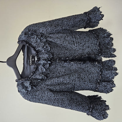 CHANEL CHANEL Fringed Tweed Jacket Dark Gray Size 38 Jacket