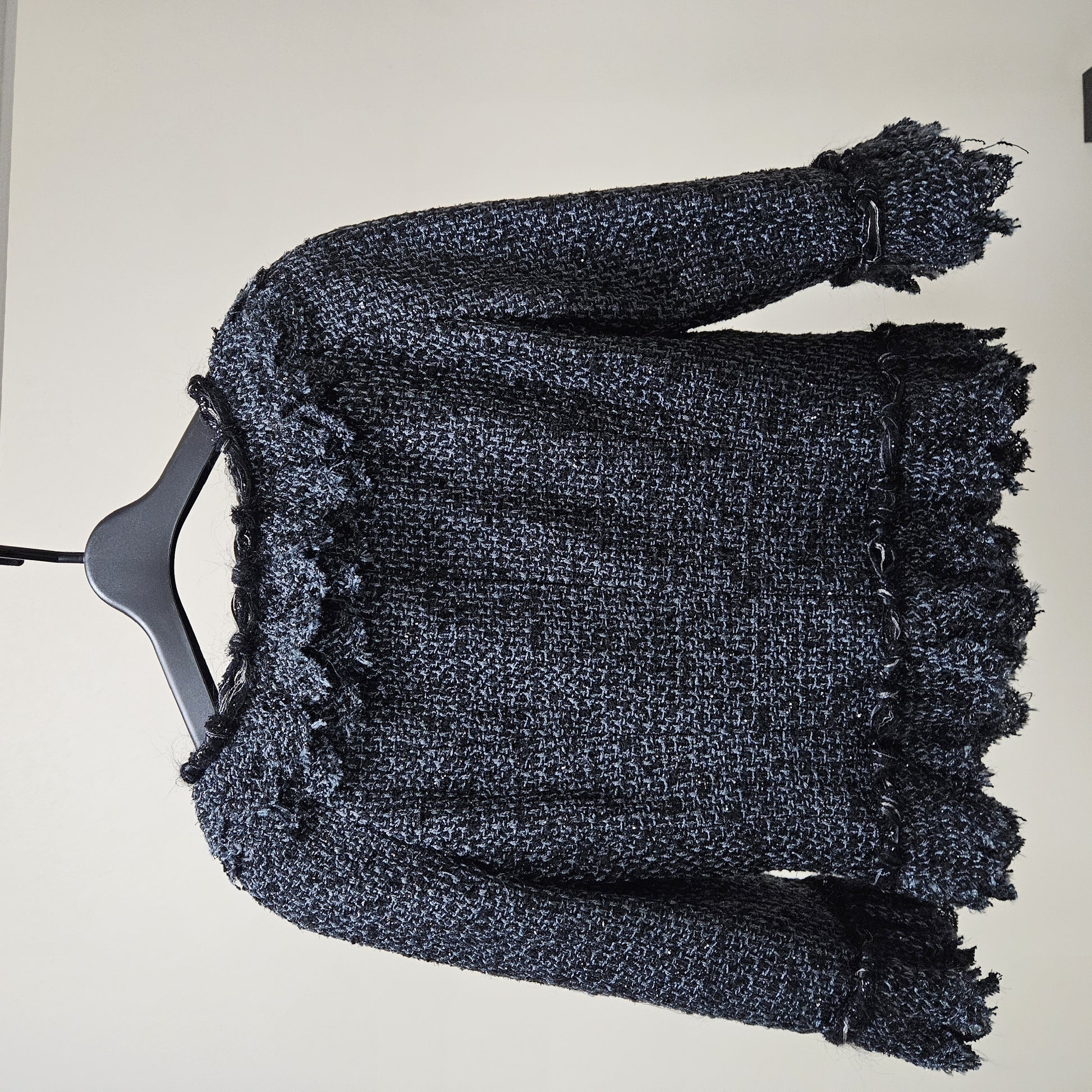 CHANEL CHANEL Fringed Tweed Jacket Dark Gray Size 38 Jacket