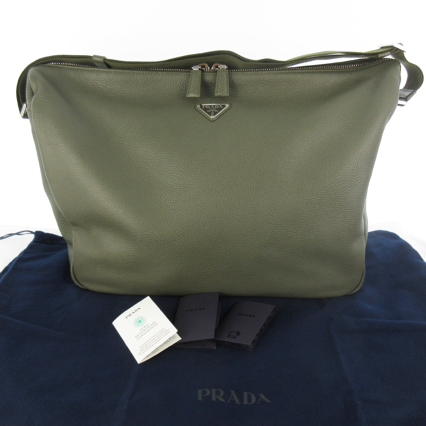 PRADA Unused 2025 Spring/Summer Vitello Dino Large Leather Tote Bag Khaki, 40cm Wide, Triangle Logo, RFID Tag Verified