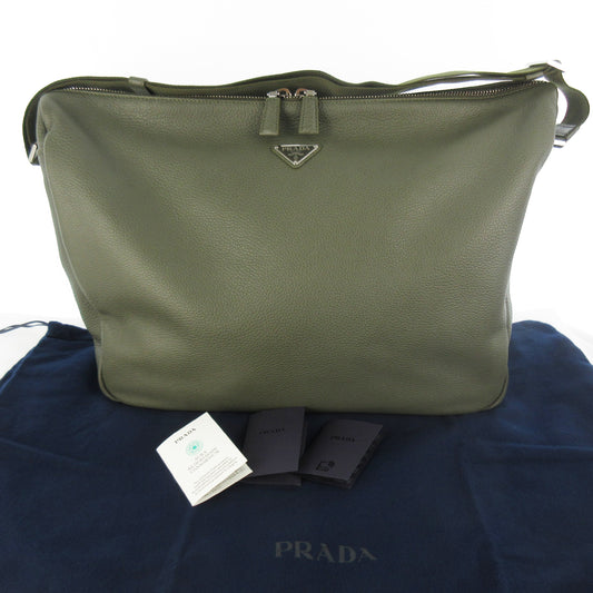 PRADA Unused 2025 Spring/Summer Vitello Dino Large Leather Tote Bag Khaki, 40cm Wide, Triangle Logo, RFID Tag Verified