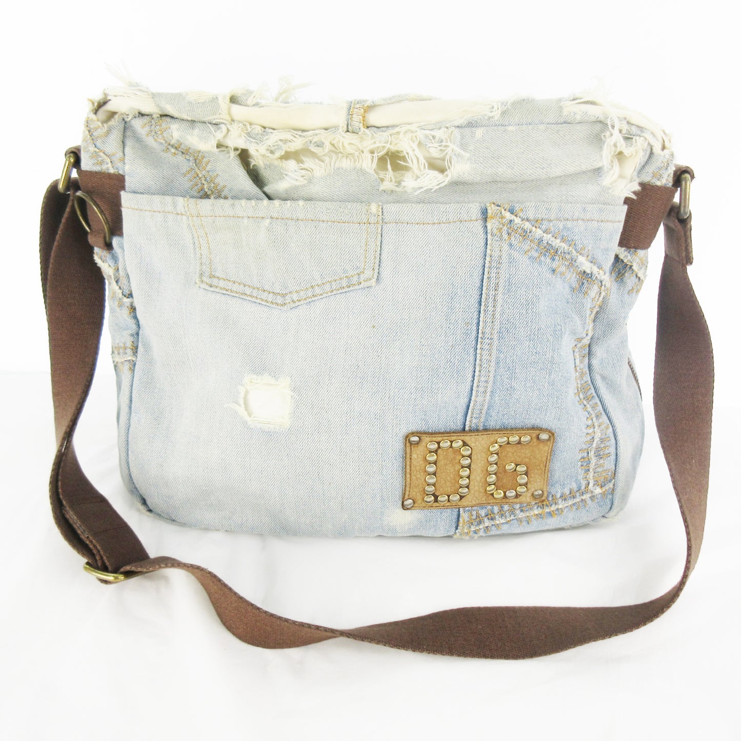 DOLCE&GABBANA Denim Shoulder Bag with Logo Studs, Reconstructed, Indigo Blue