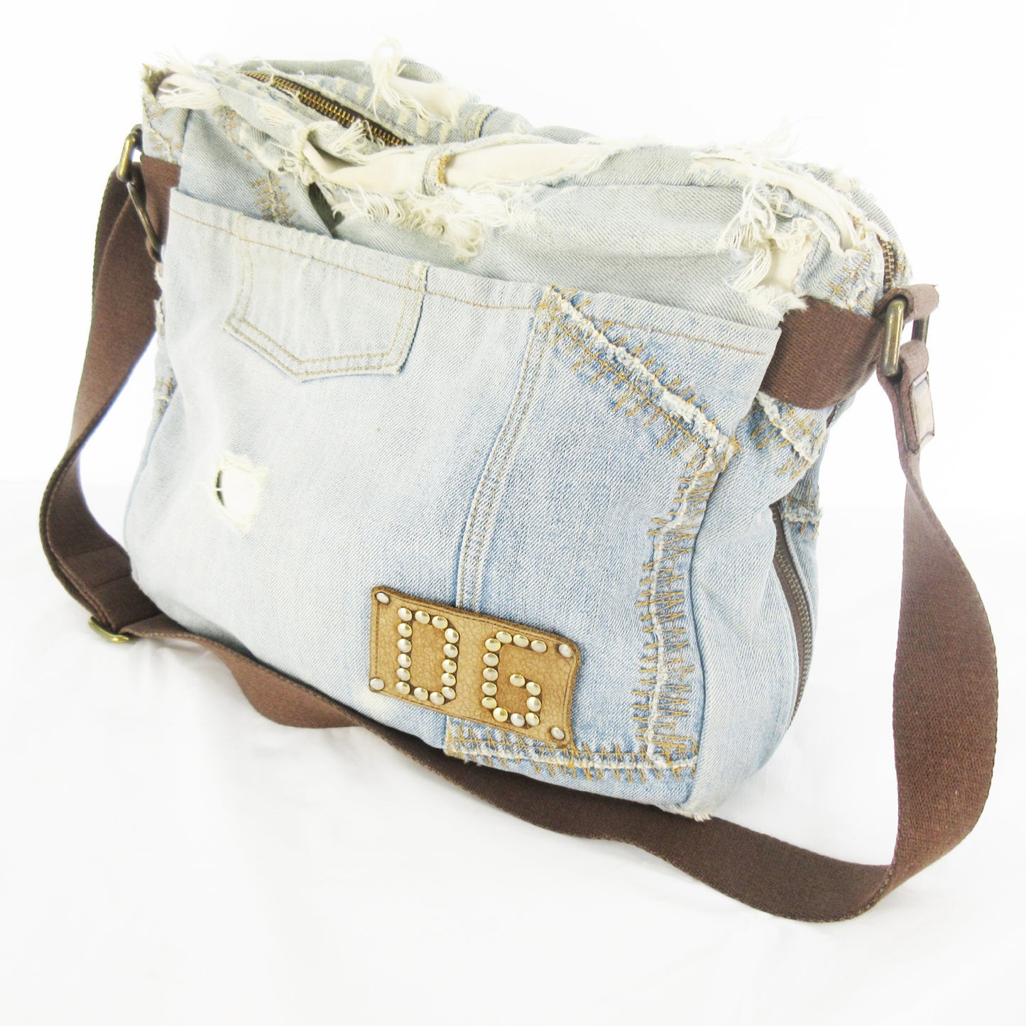 DOLCE&GABBANA Denim Shoulder Bag with Logo Studs, Reconstructed, Indigo Blue