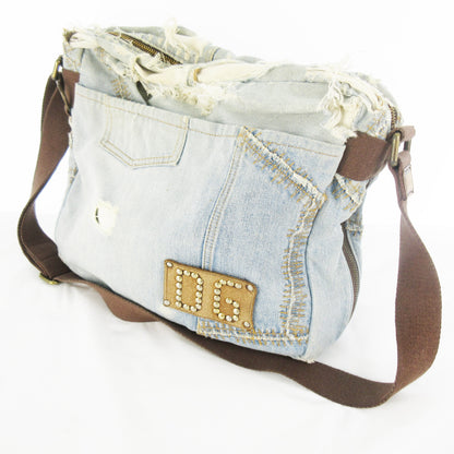 DOLCE&GABBANA Denim Shoulder Bag with Logo Studs, Reconstructed, Indigo Blue