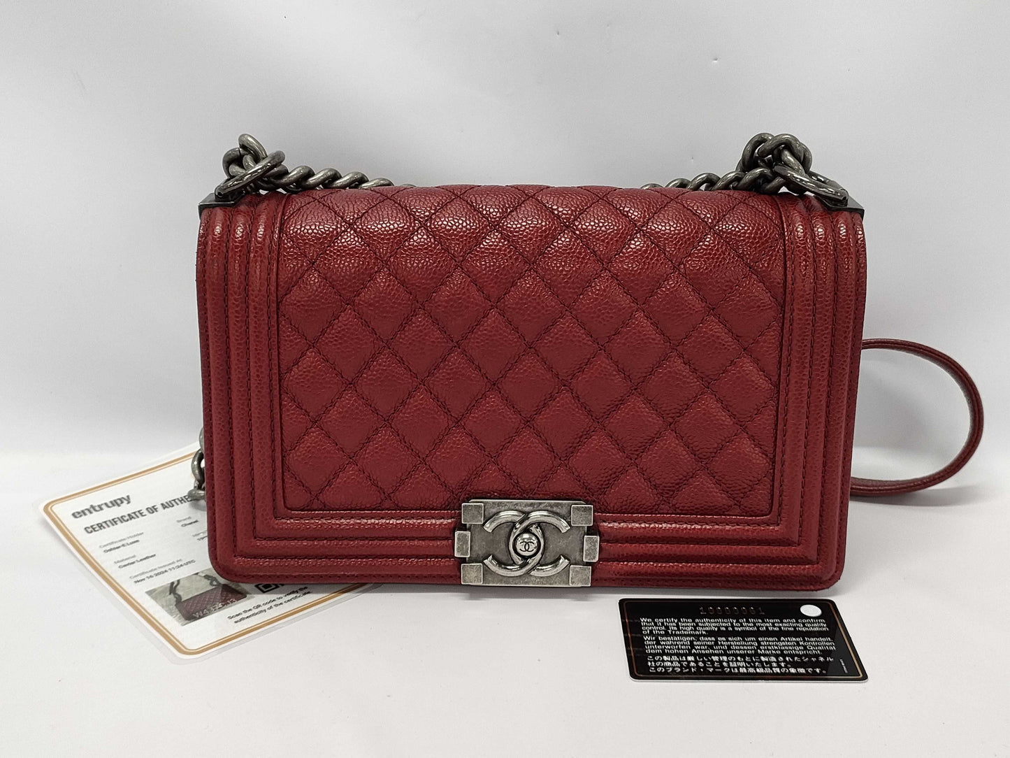 CHANEL Boy Chanel Shoulder Bag, Gunmetal Hardware, Caviar Red, Size 25, A67086