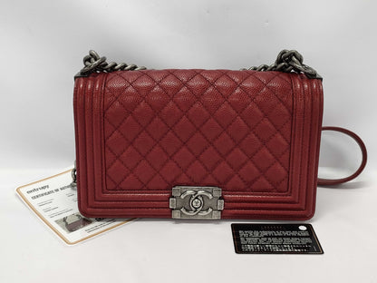 CHANEL Boy Chanel Shoulder Bag, Gunmetal Hardware, Caviar Red, Size 25, A67086
