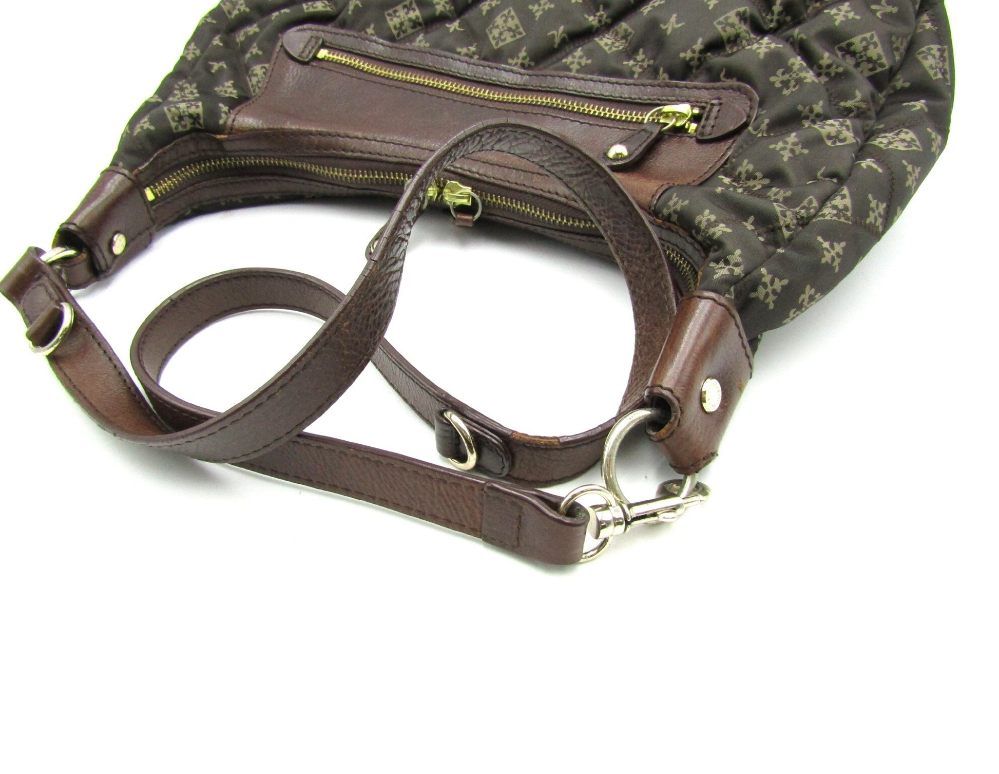 russet nylon shoulder bag with brown leather and G hardware