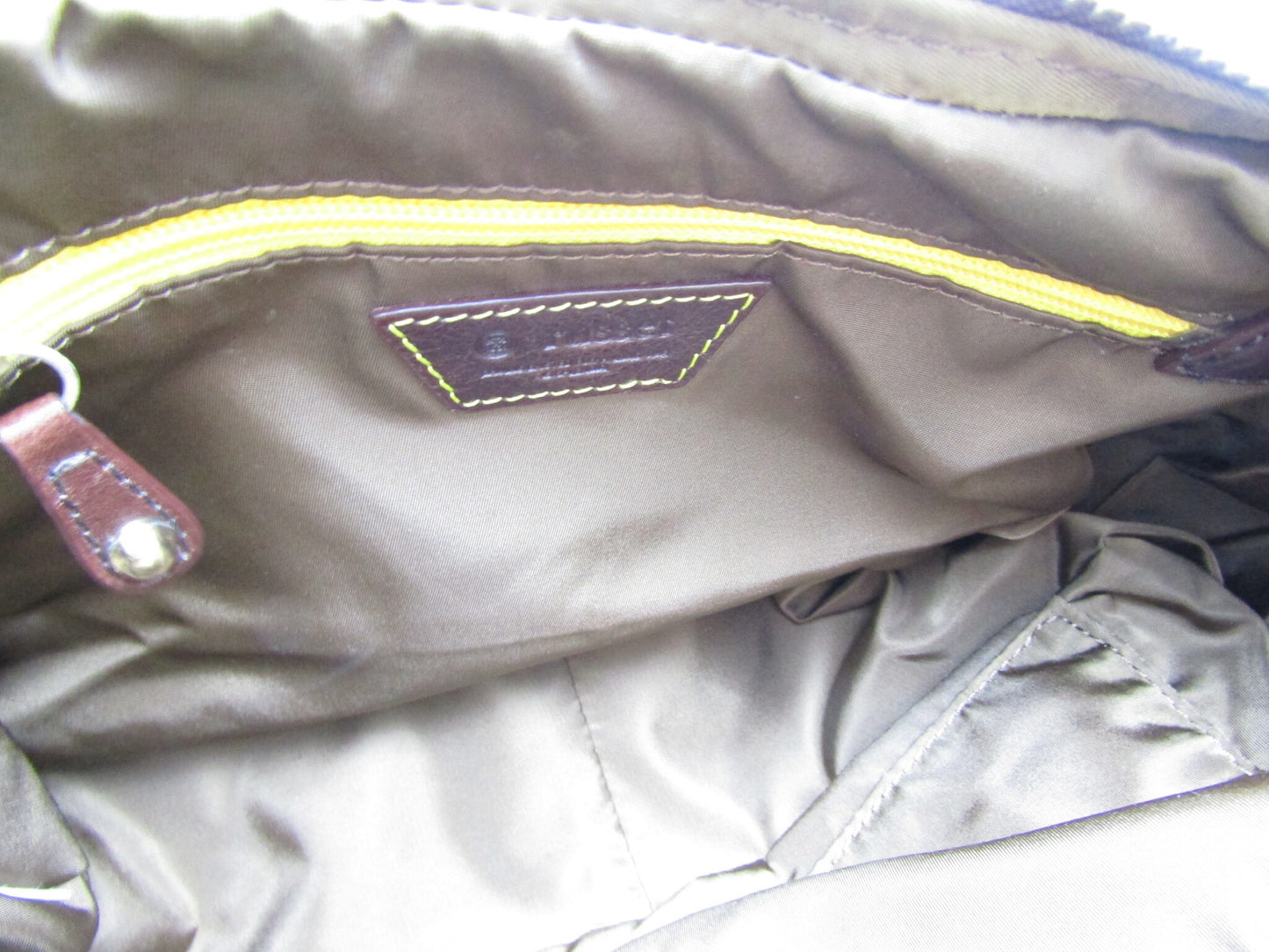 russet nylon shoulder bag with brown leather and G hardware