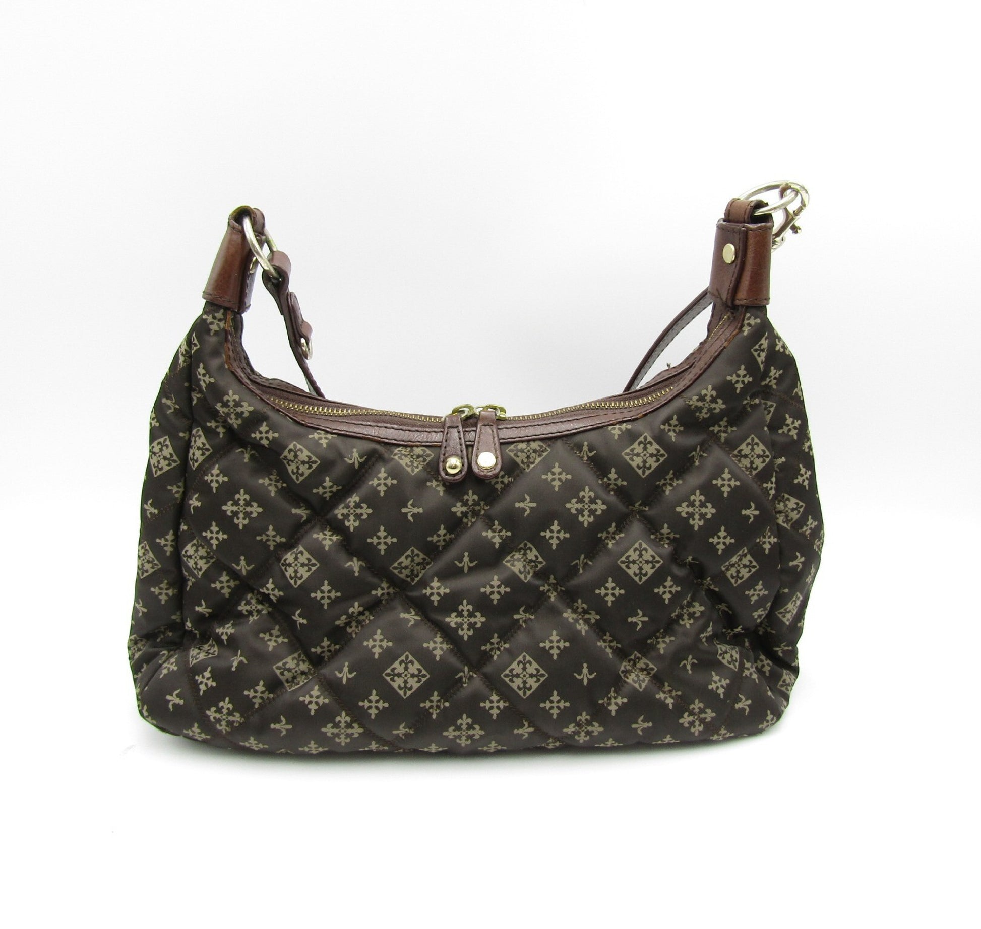 russet nylon shoulder bag with brown leather and G hardware