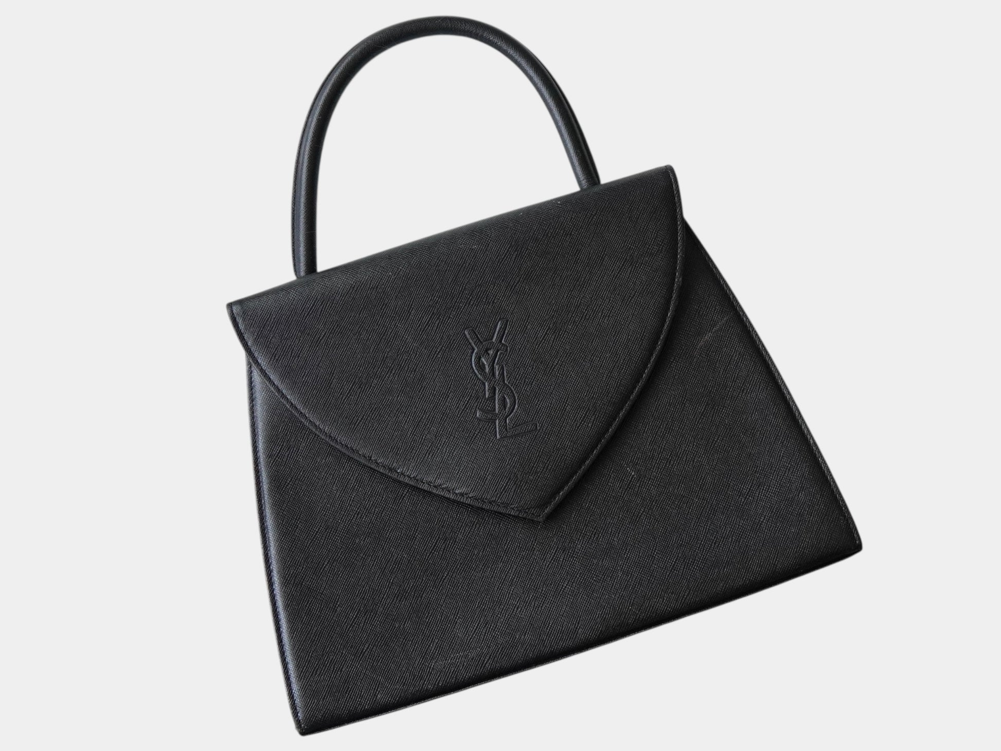 Yves Saint Laurent Vintage Embossed YSL Logo Leather Handbag, Freestanding, Black